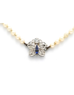 Collier Art Nouveau en or blanc 18 carats serti de diamant "taille" old cut et 8/8 et saphir de synthèse - 1