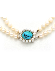 Collier contemporain en perles avec fermoir en or blanc 18 carats et turquoise - 1