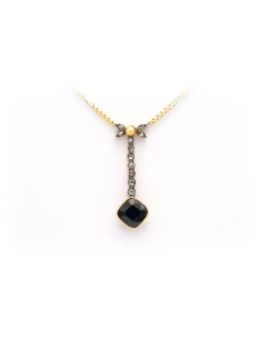 Collier Art Nouveau en or jaune et blanc 18 carats serti d'un saphir de synthèse d'une perle et de diamants "taille" rose - 1