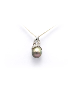Pendentif contemporain en or blanc 18 carats serti d'une perle de Tahiti et de diamants "taille" brillant (+-0.015ct) - 1