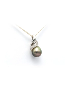Pendentif contemporain en or blanc 18 carats serti d'une perle de Tahiti et de diamants "taille" brillant (+-0.015ct) - 3