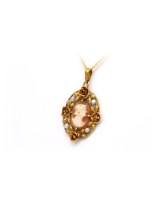 Pendentif Art Nouveau en or jaune 18 carats serti de perles et d'un camée - 2