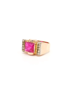 Bague Art Déco en or jaune 18 carats sertie d'une spinelle de synthèse et de diamants "taille" rose - 2