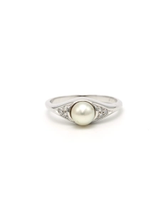 Bague Art Déco en or blanc 18 carats sertie d'une perle et de diamants - 1