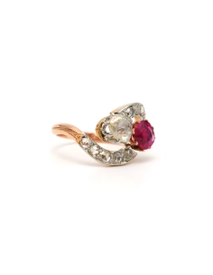 Bague Art Nouveau en or jaune 18 carats sertie d'un rubis de synthèse et de diamants "taille" rose - 6
