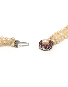 Collier Années 70 en or blanc 18 carats serti de perles et de rubis - 5