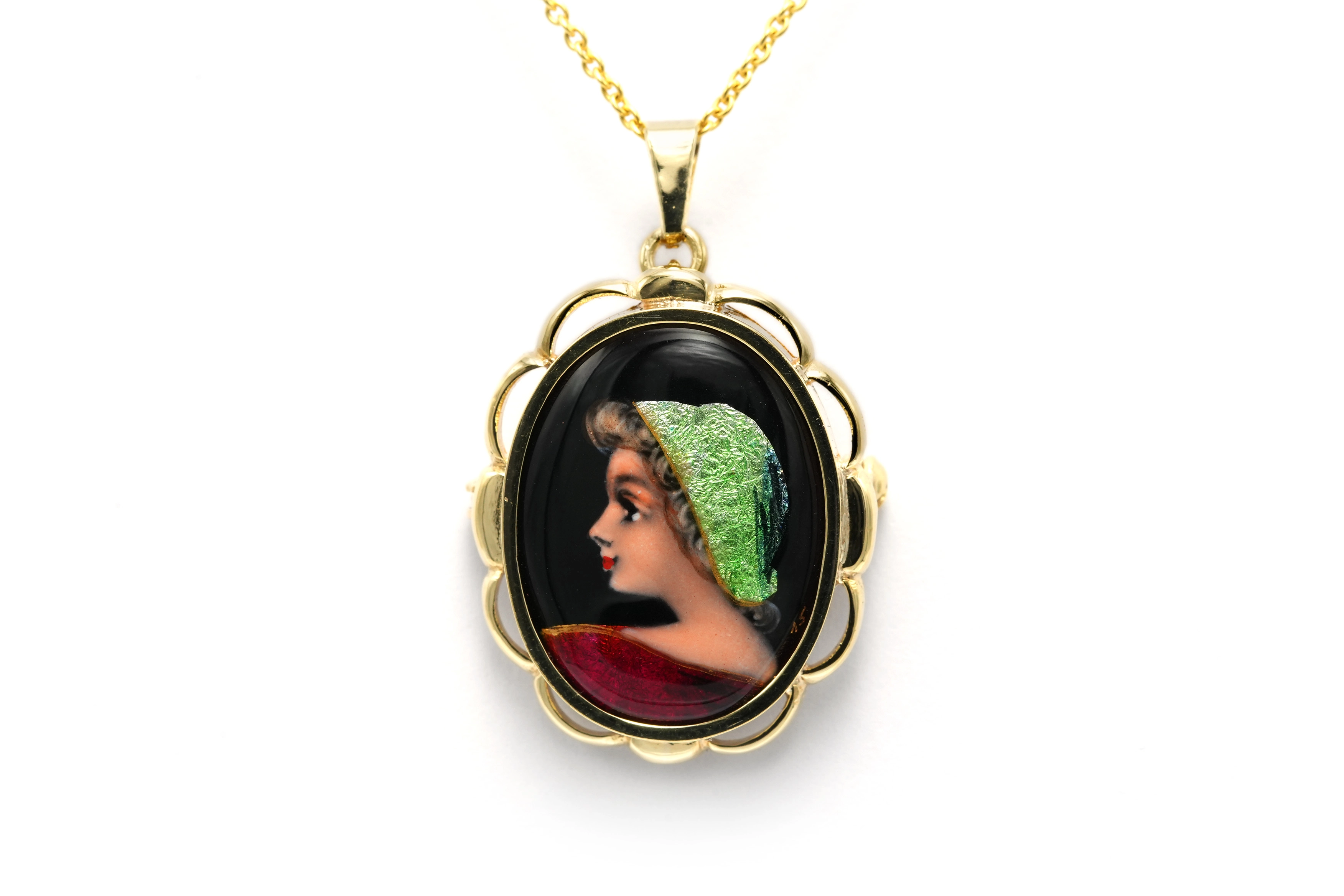Pendentif Années 50 en or jaune 18 carats serti d'émail de Limoges - - 1
