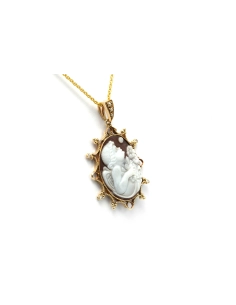 Pendentif Art Déco en or jaune 18 carats serti de perles, d'un camée coquillage et de diamants "taille" brillant (+-0.028ct) - 3