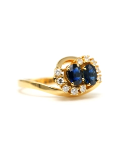 Bague contemporaine en or jaune 18 carats sertie de saphirs et de diamants "taille" brillant (+-0.25ct) - 6