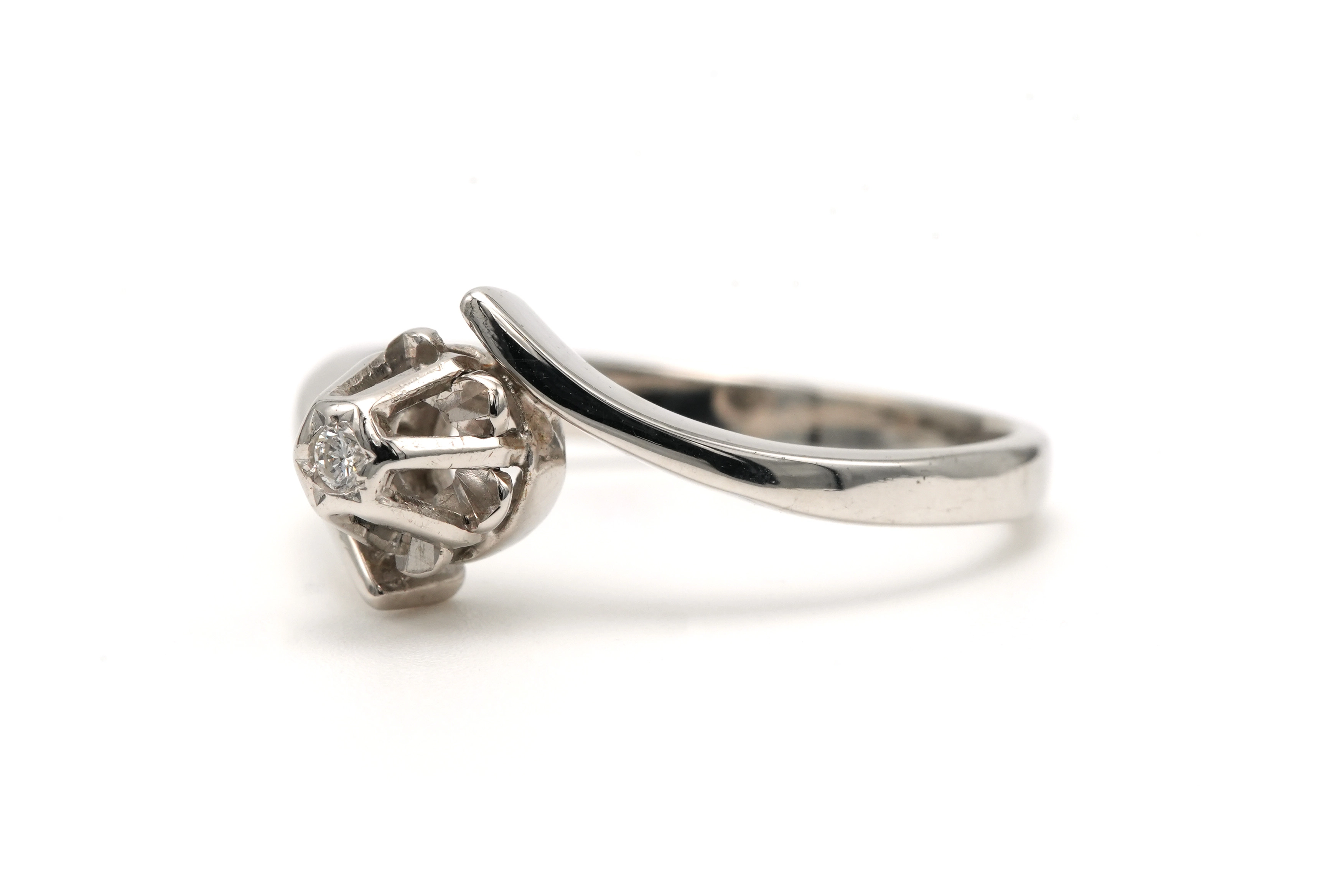 Bague Art Déco en or blanc 18 carats sertie d'un diamant "taille" brillant (+-0.02ct) - 2