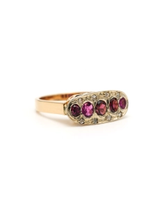 Bague Art Déco en or jaune 18 carats sertie de rubis et de diamants "taille" rose - 6