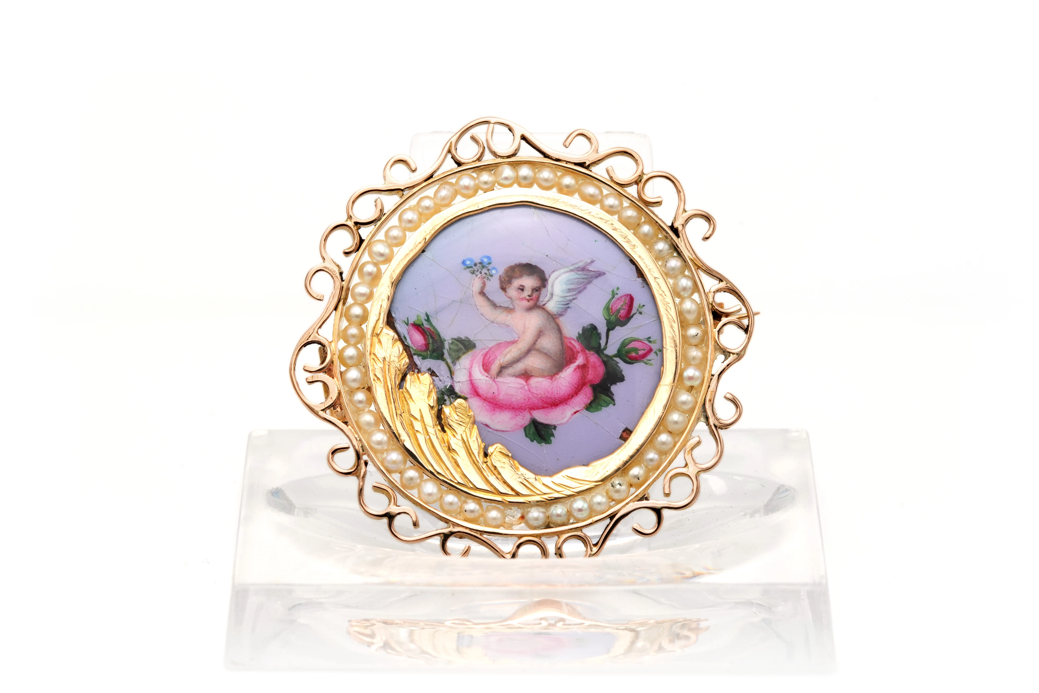 Broche Napoléon III en or jaune 18 carats sertie d'émail et de perles - - 1