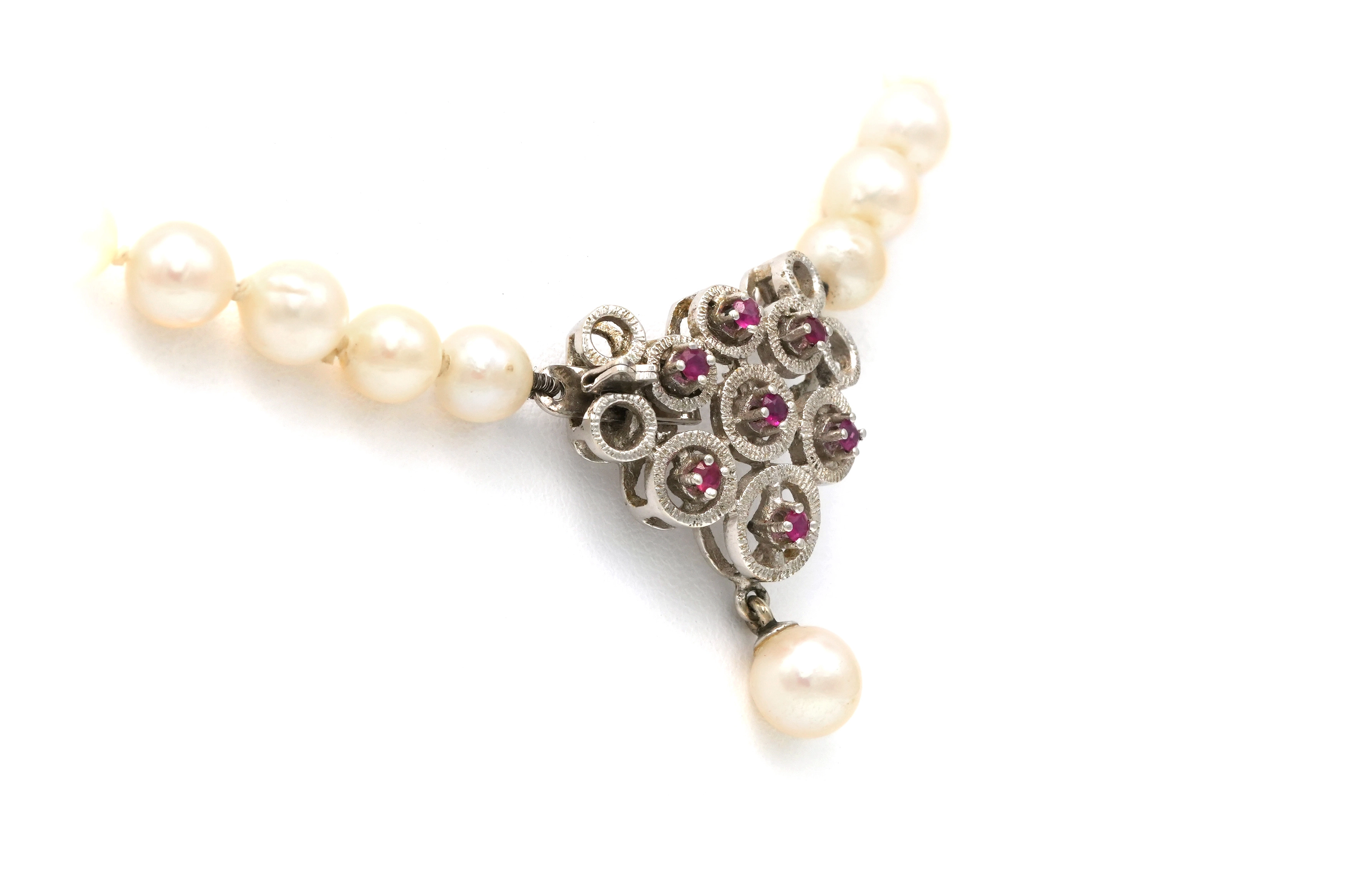 Collier Années 70 en or blanc 18 carats, perles et rubis - 3