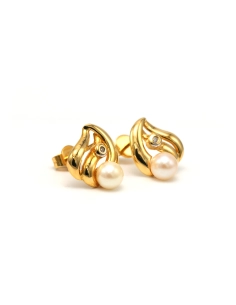 Boucles d'oreilles contemporaines en or jaune 18 carats serties de perles et de diamants "taille" brillant (+-0.01ct) - 6