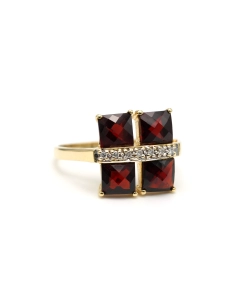 Bague contemporaine en or jaune 14 carats sertie de grenats et de diamants "taille" brillant (+-0.035ct) - 6