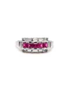 Bague Art Déco en or blanc 14 carats sertie de rubis de synthèse et de zirconiums - - 1