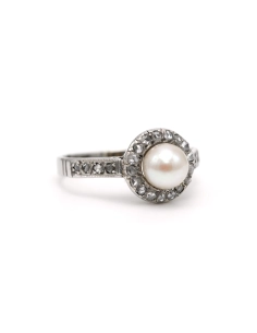 Bague Art Déco en or blanc 18 carats sertie d'une perle et de diamants "taille" rose - - 6