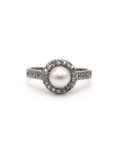 Bague Art Déco en or blanc 18 carats sertie d'une perle et de diamants "taille" rose - - 1