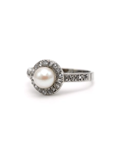 Bague Art Déco en or blanc 18 carats sertie d'une perle et de diamants "taille" rose - - 2