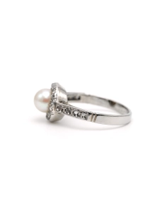 Bague Art Déco en or blanc 18 carats sertie d'une perle et de diamants "taille" rose - - 3