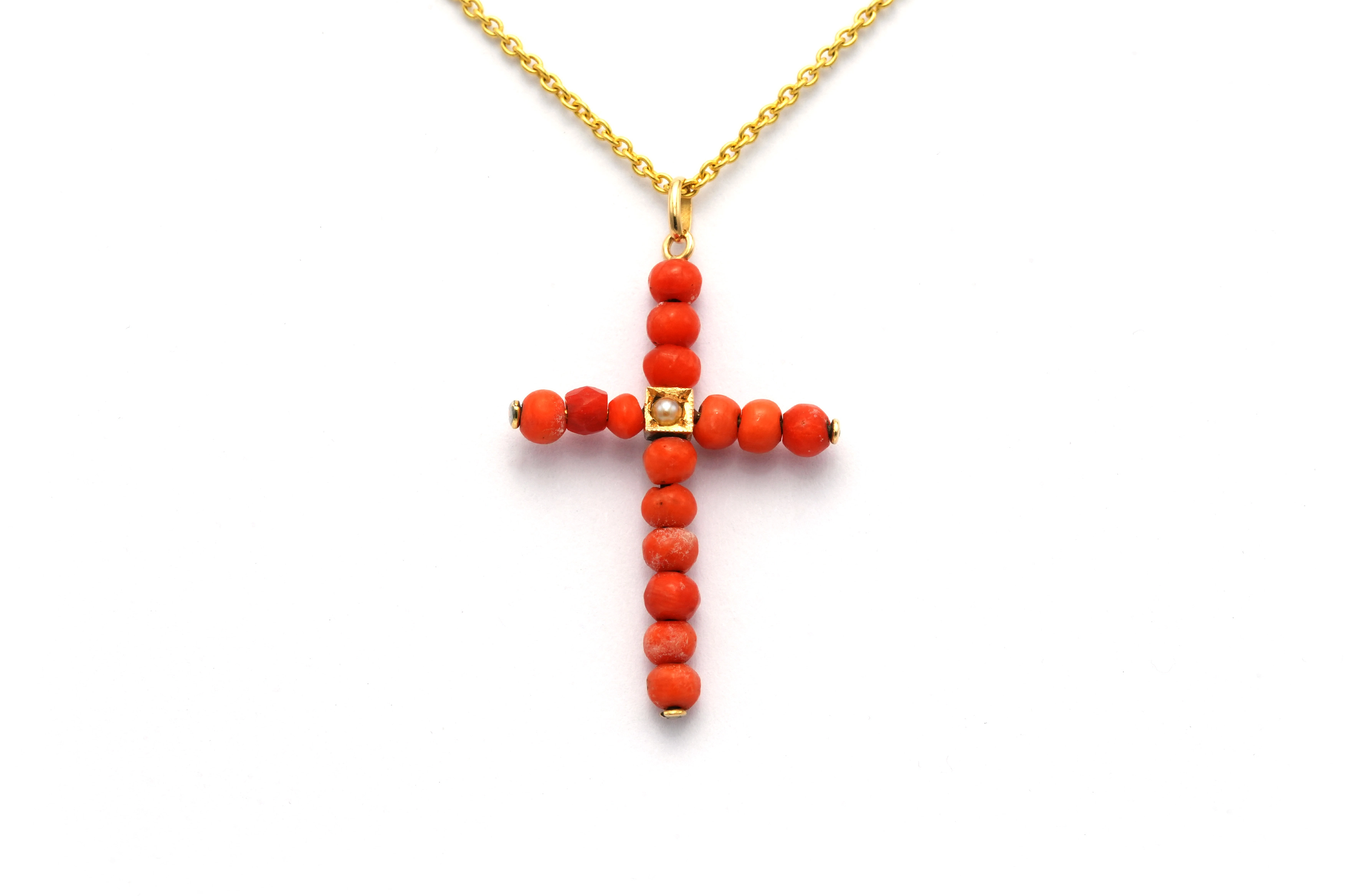 Pendentif Art Déco en or jaune 18 carats serti d'une perle et de corail - - 1
