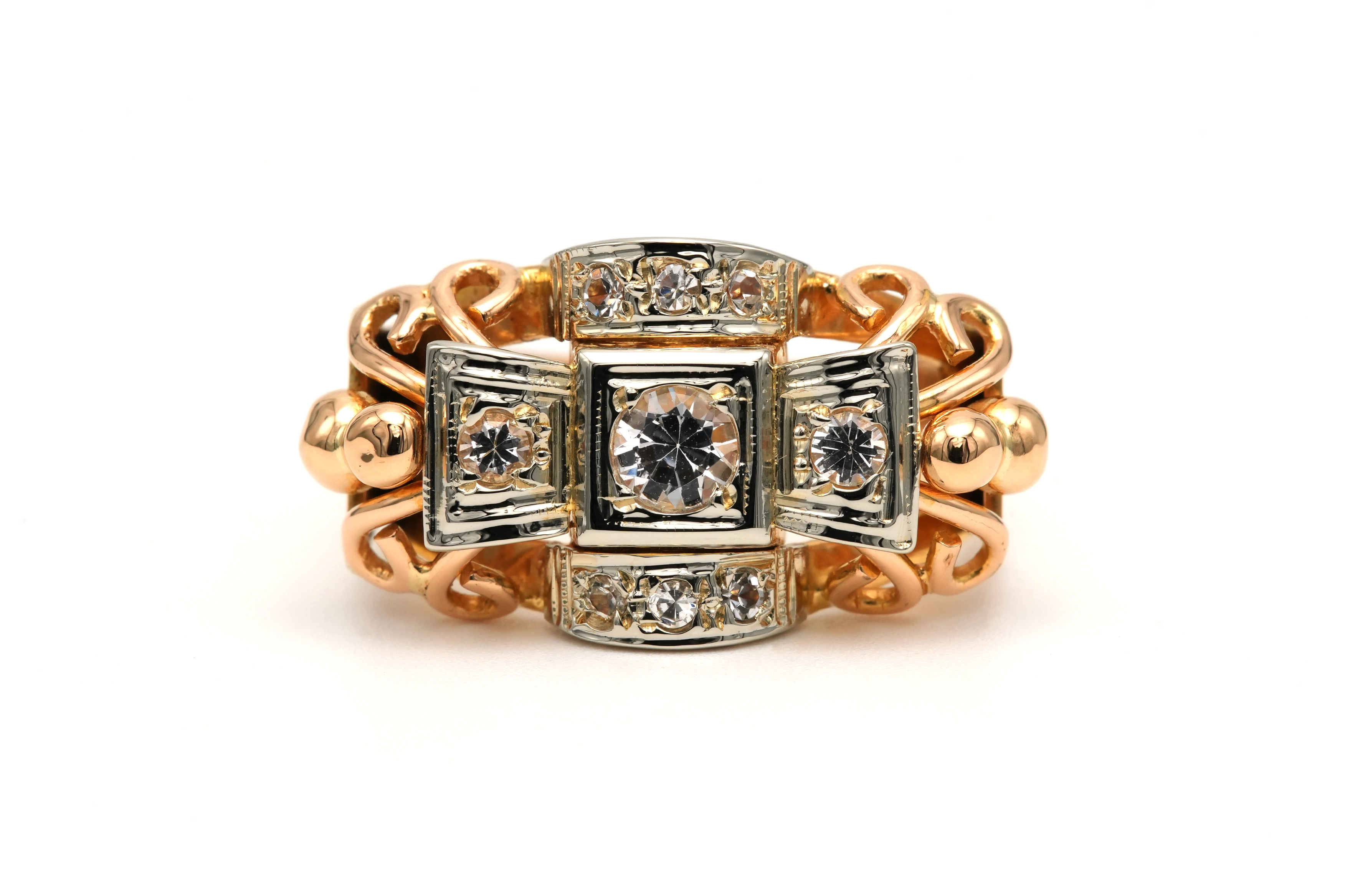 Bague Art Déco en or jaune et blanc 18 carats sertie de zirconiums - - 1