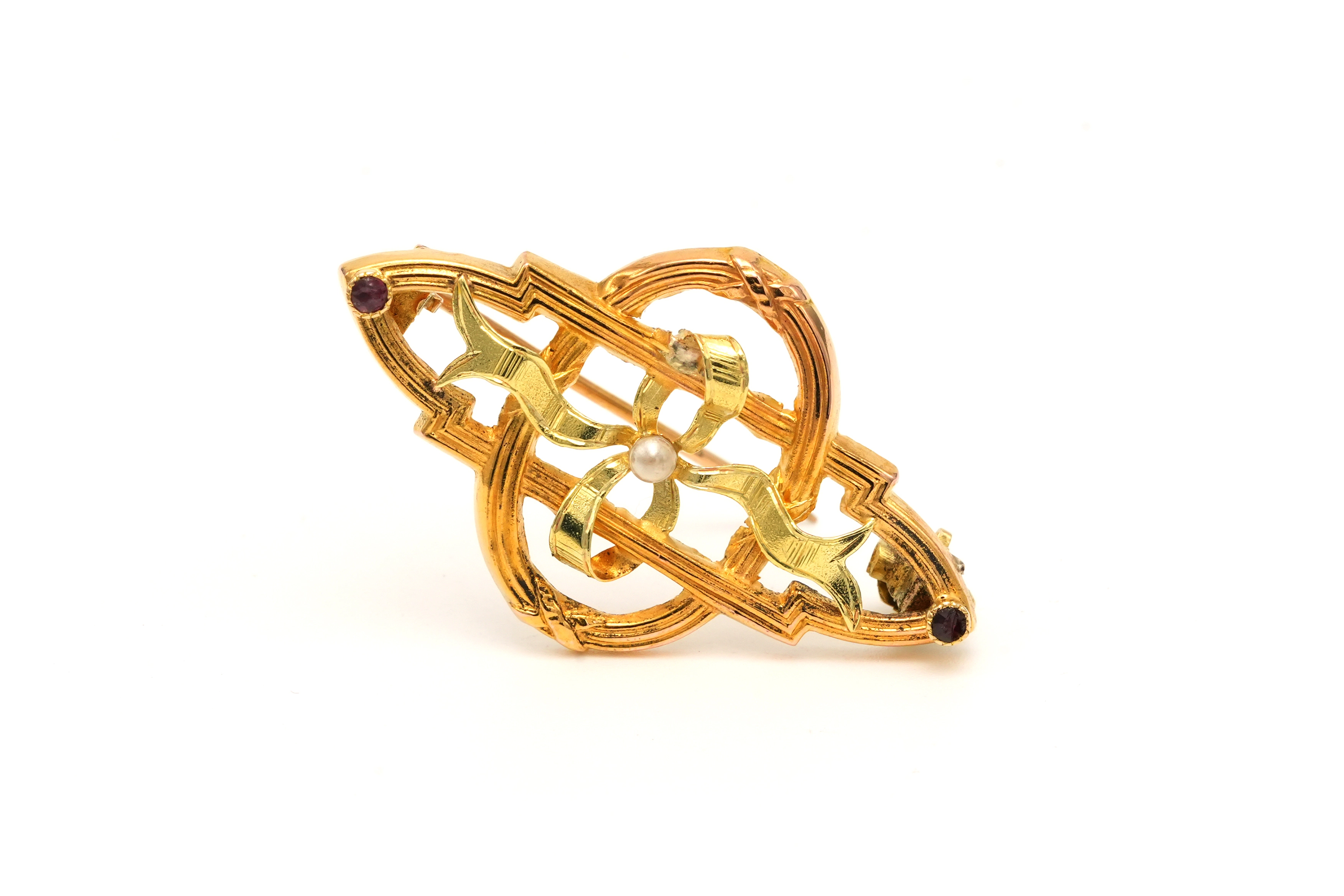 Broche Art Nouveau en or jaune 18 carats sertie d'une perle et de rubis - - 1