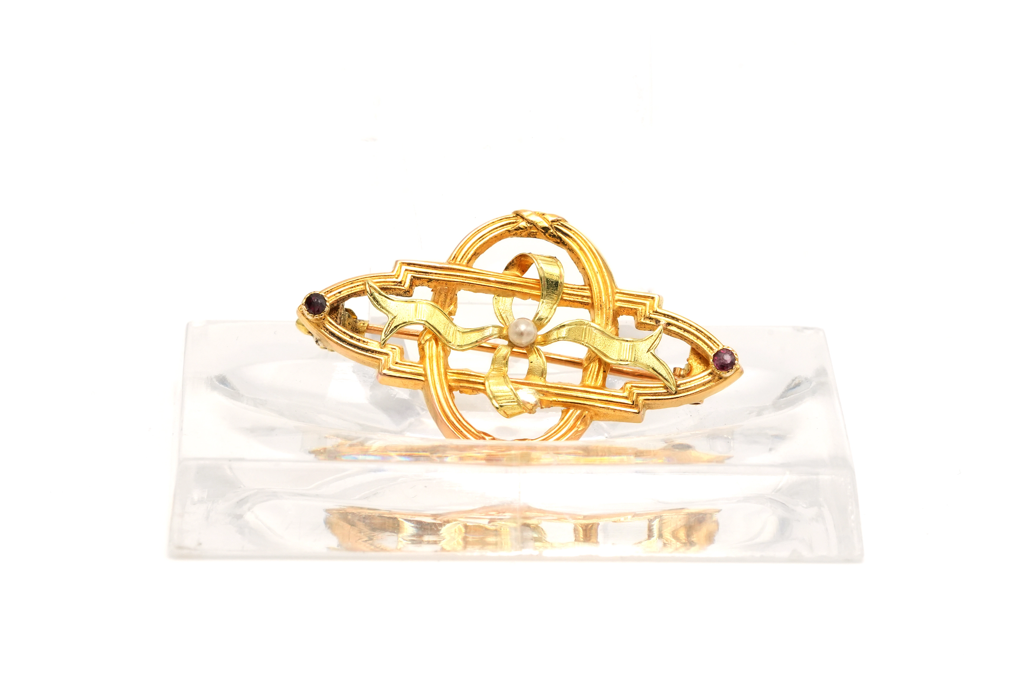 Broche Art Nouveau en or jaune 18 carats sertie d'une perle et de rubis - - 2