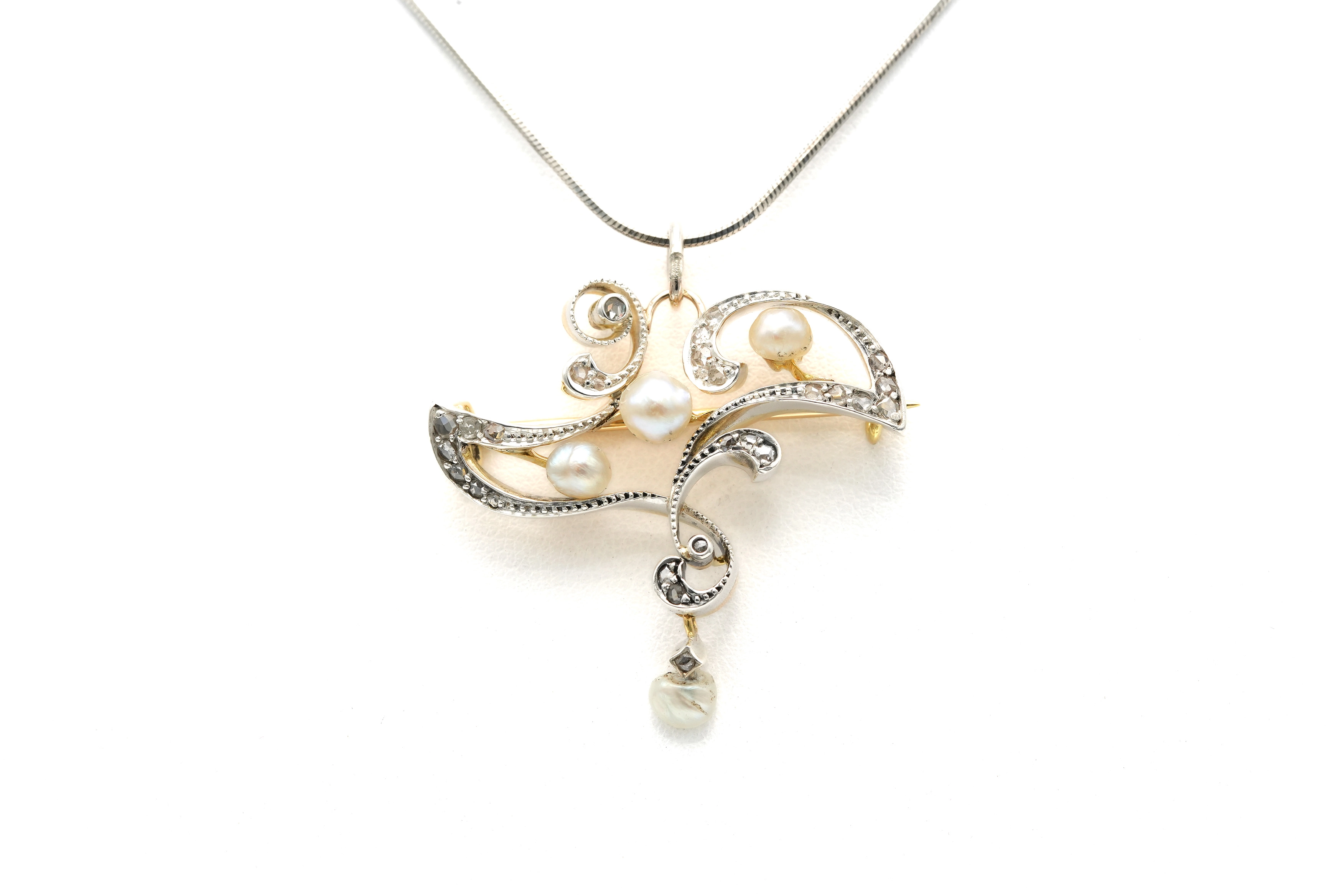 Collier Art Nouveau en or jaune 18 carats et argent 925, perles et diamants "taille" rose - - 1