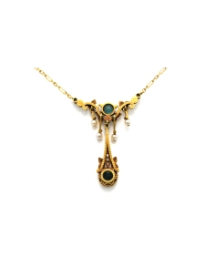 Collier Art Nouveau en or jaune 18 carats, tourmalines, perles et diamants "taille" rose - 6