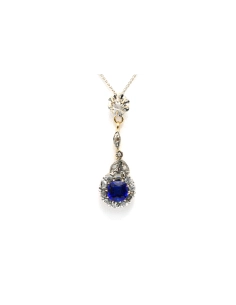 Collier Art Déco en or jaune 18 carats et argent, saphir de synthèse et diamants "taille" rose - 1
