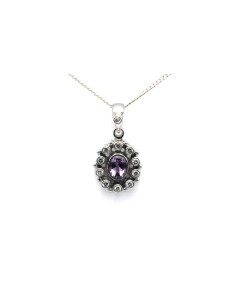 Pendentif contemporain en argent 925 serti de zirconiums et d'une améthyste