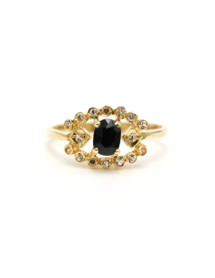 Bague Art Déco en or jaune 14 carats sertie d'un saphir et de diamants "taille" 8/8 - - 1