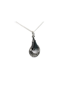 Pendentif Art Déco en argent serti de marcassites et d'une hématite - - 3