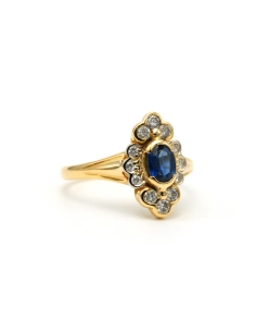 Bague contemporaine en or jaune 18 carats sertie d'un saphir et de diamants "taille" brillant (+-0.18ct) - 6