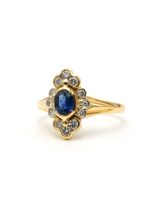Bague contemporaine en or jaune 18 carats sertie d'un saphir et de diamants "taille" brillant (+-0.18ct) - 2