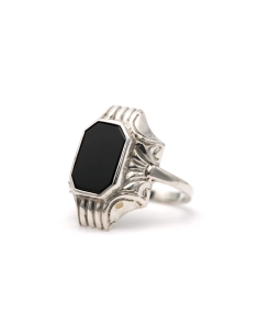 Bague Années 50 en argent 835 sertie d'onyx - - 2