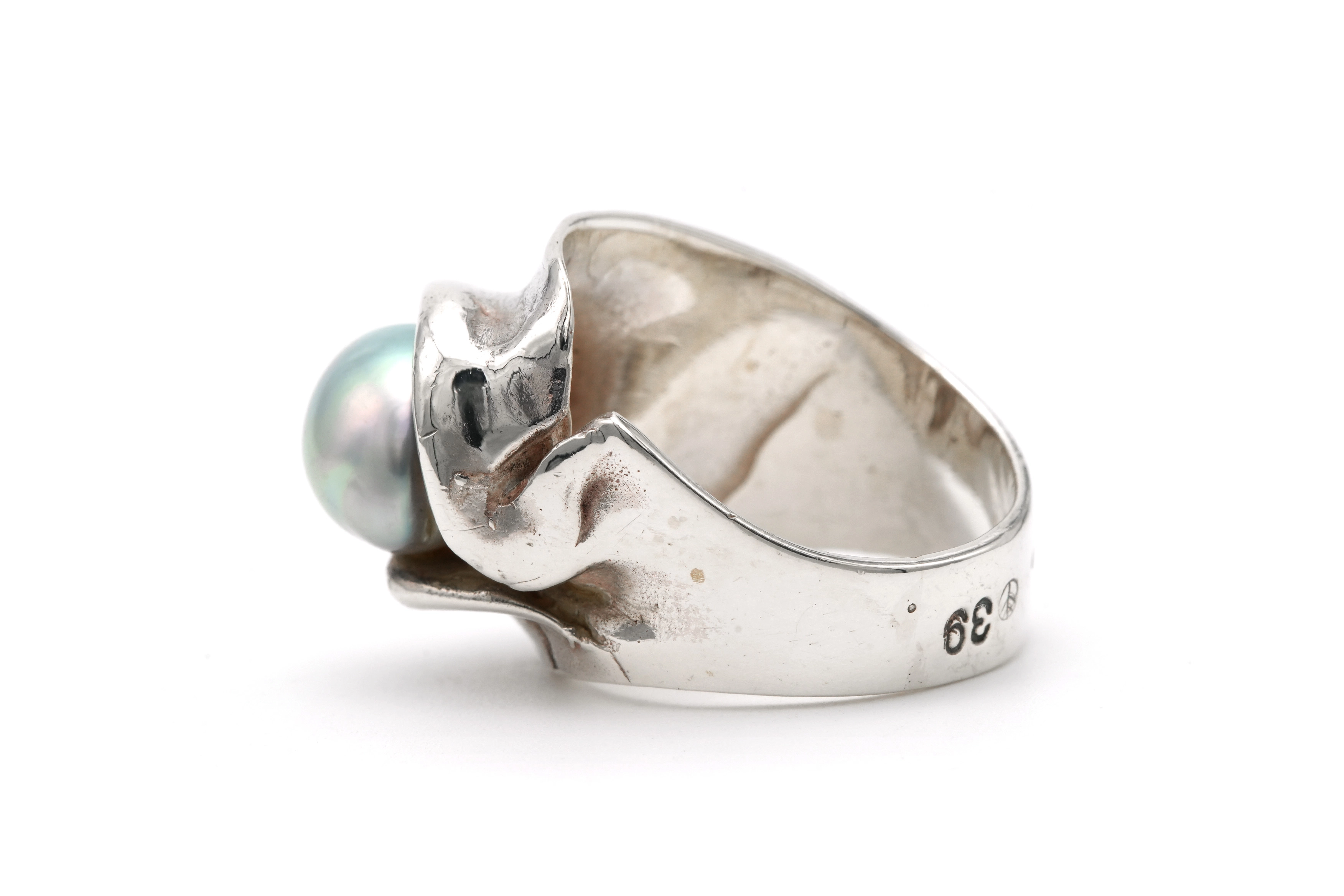 Bague Années 70 en argent 925 sertie d'une perle - - 3