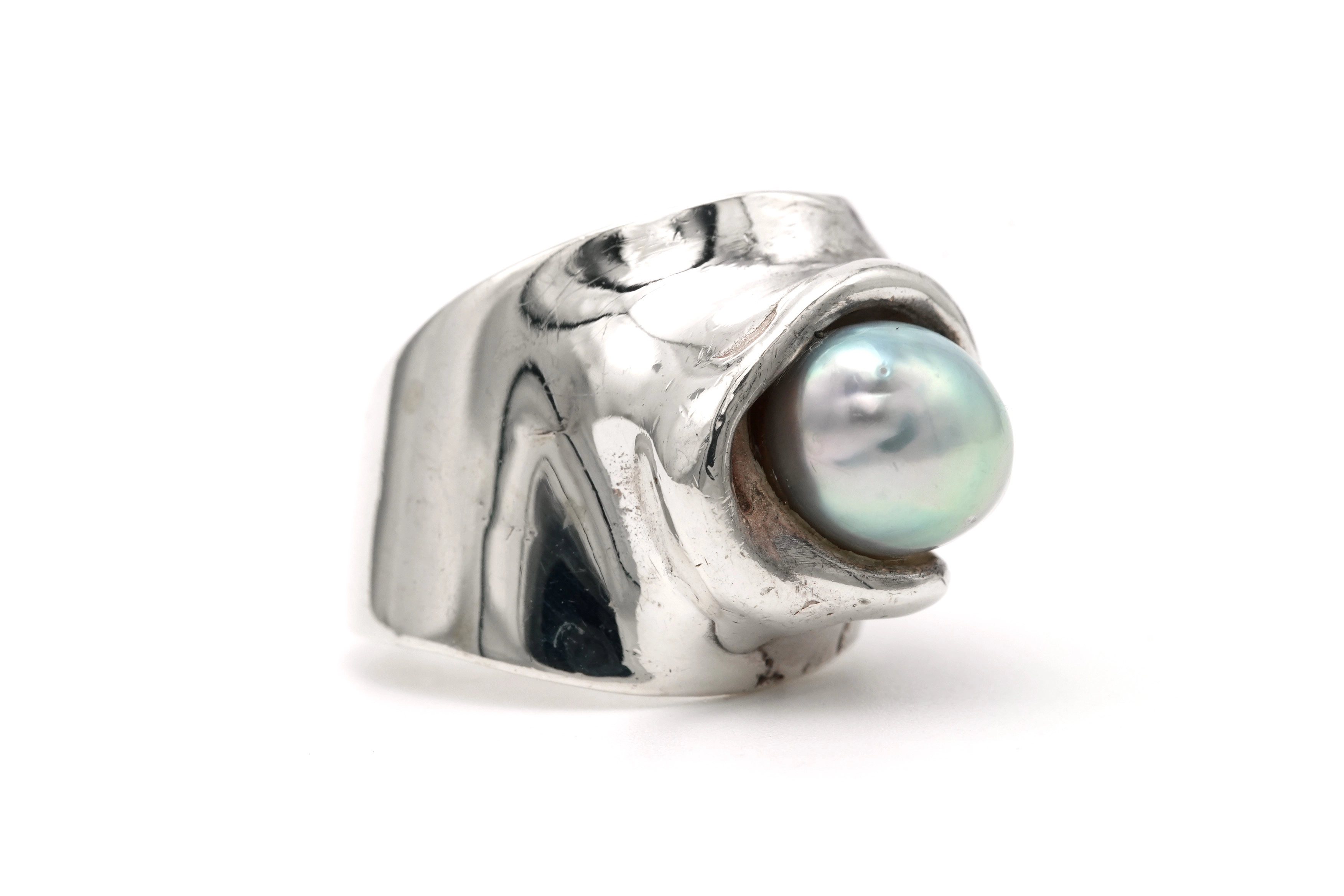 Bague Années 70 en argent 925 sertie d'une perle - - 6