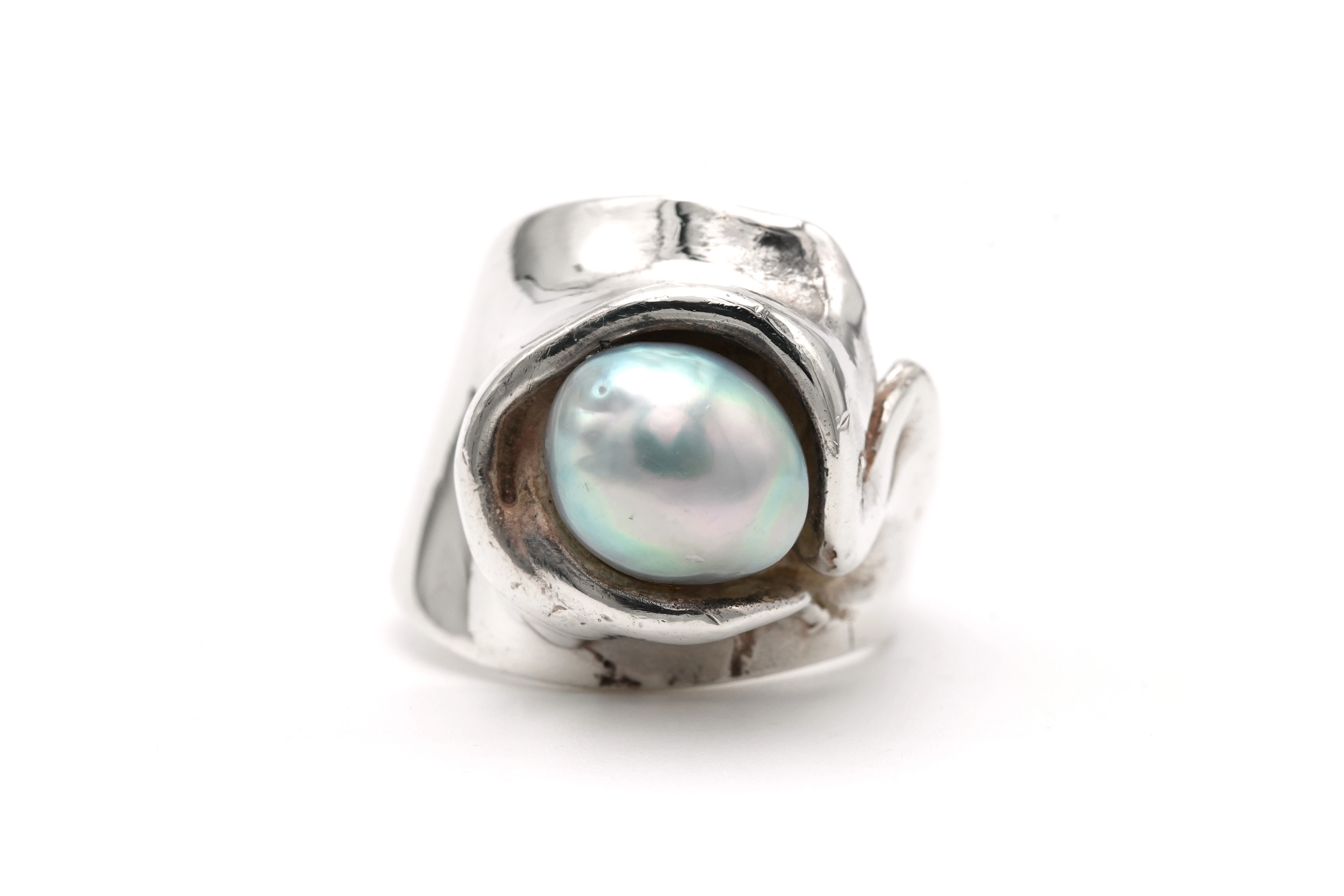 Bague Années 70 en argent 925 sertie d'une perle - - 1