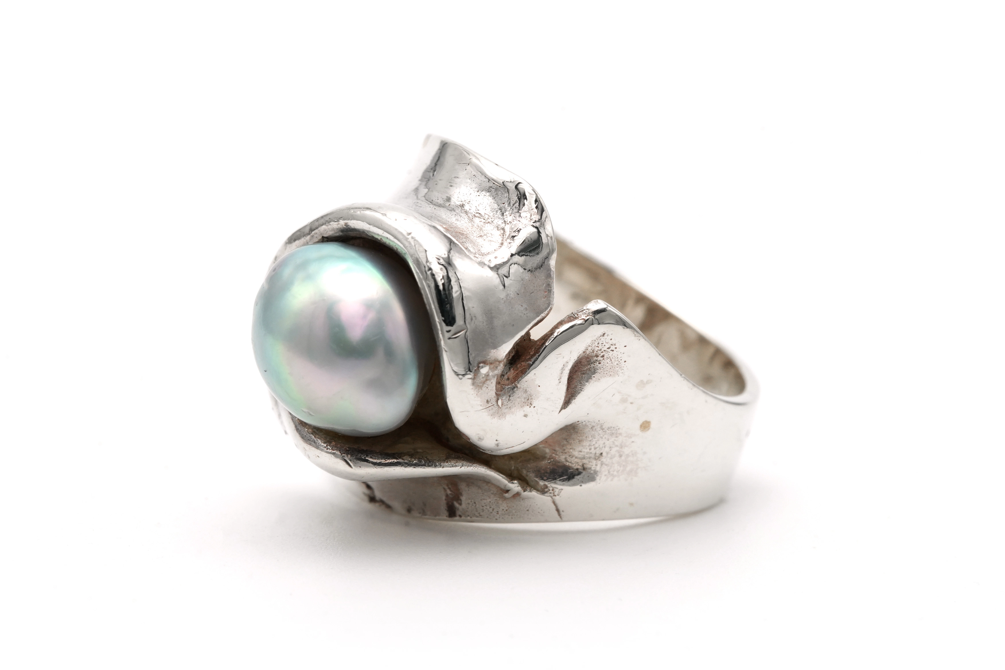 Bague Années 70 en argent 925 sertie d'une perle - - 2