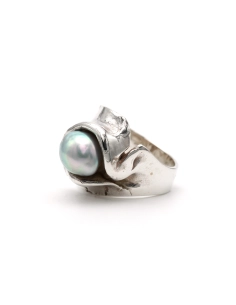 Bague Années 70 en argent 925 sertie d'une perle - - 2