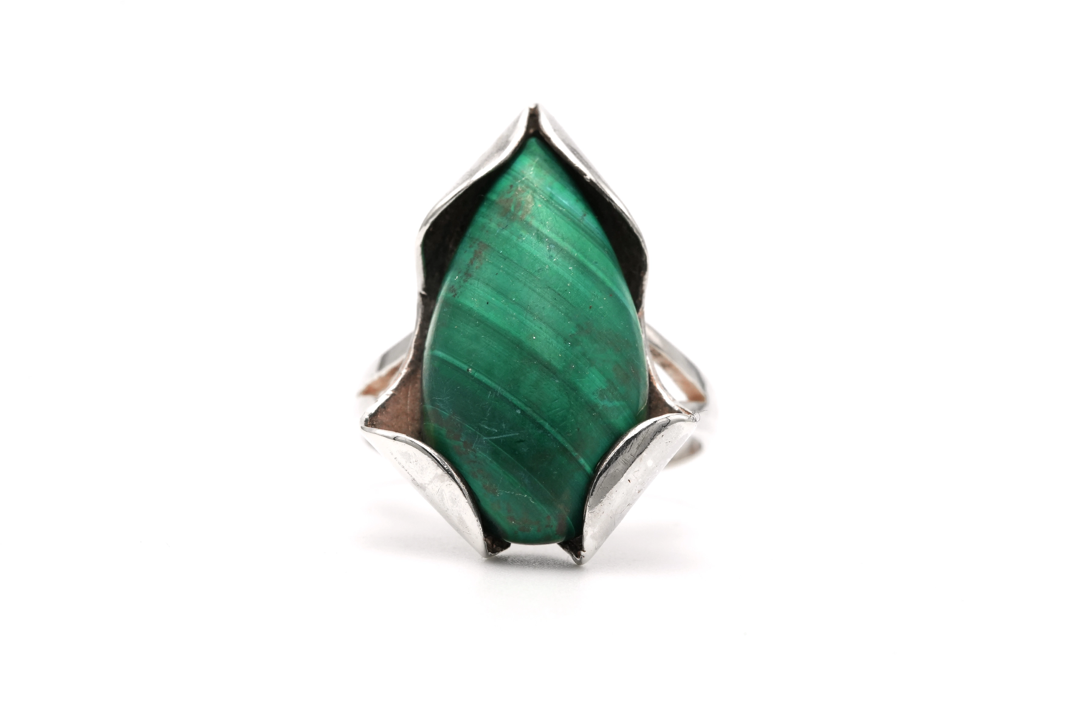 Bague Années 70 en argent 925 sertie d'une malachite - - 1