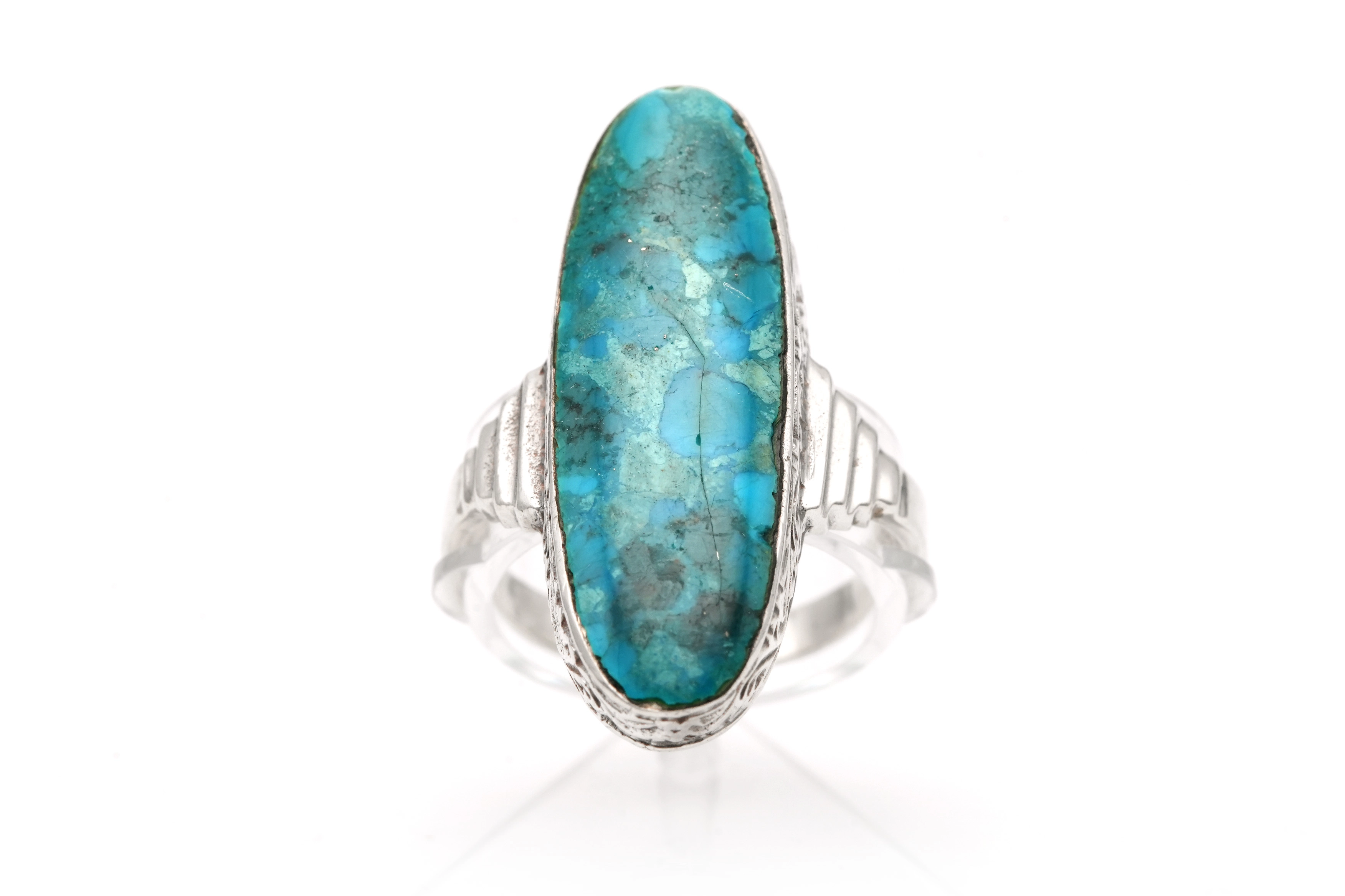 Bague Art Déco en argent sertie d'une chrysocolle
