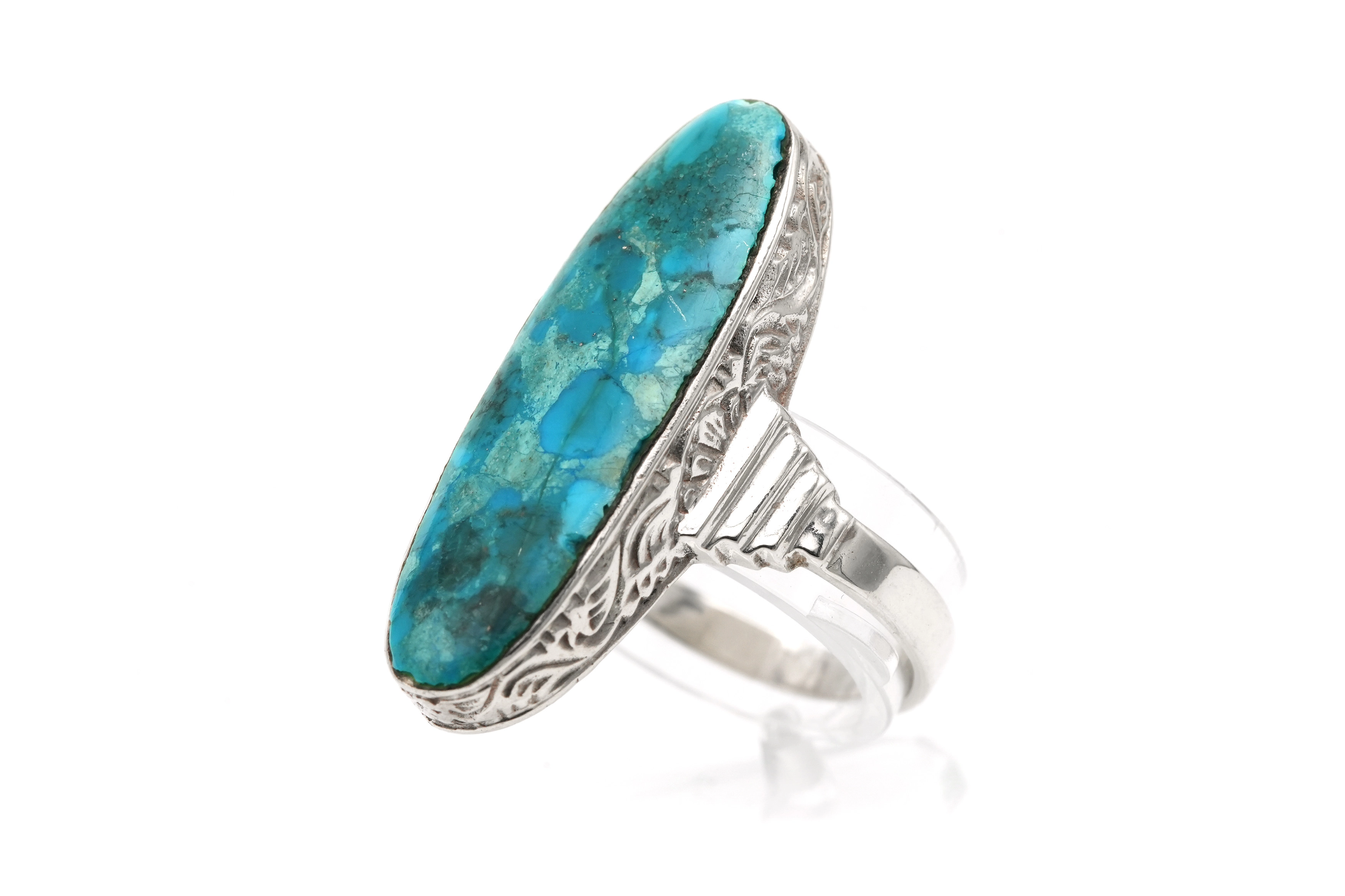 Bague Art Déco en argent sertie d'une chrysocolle