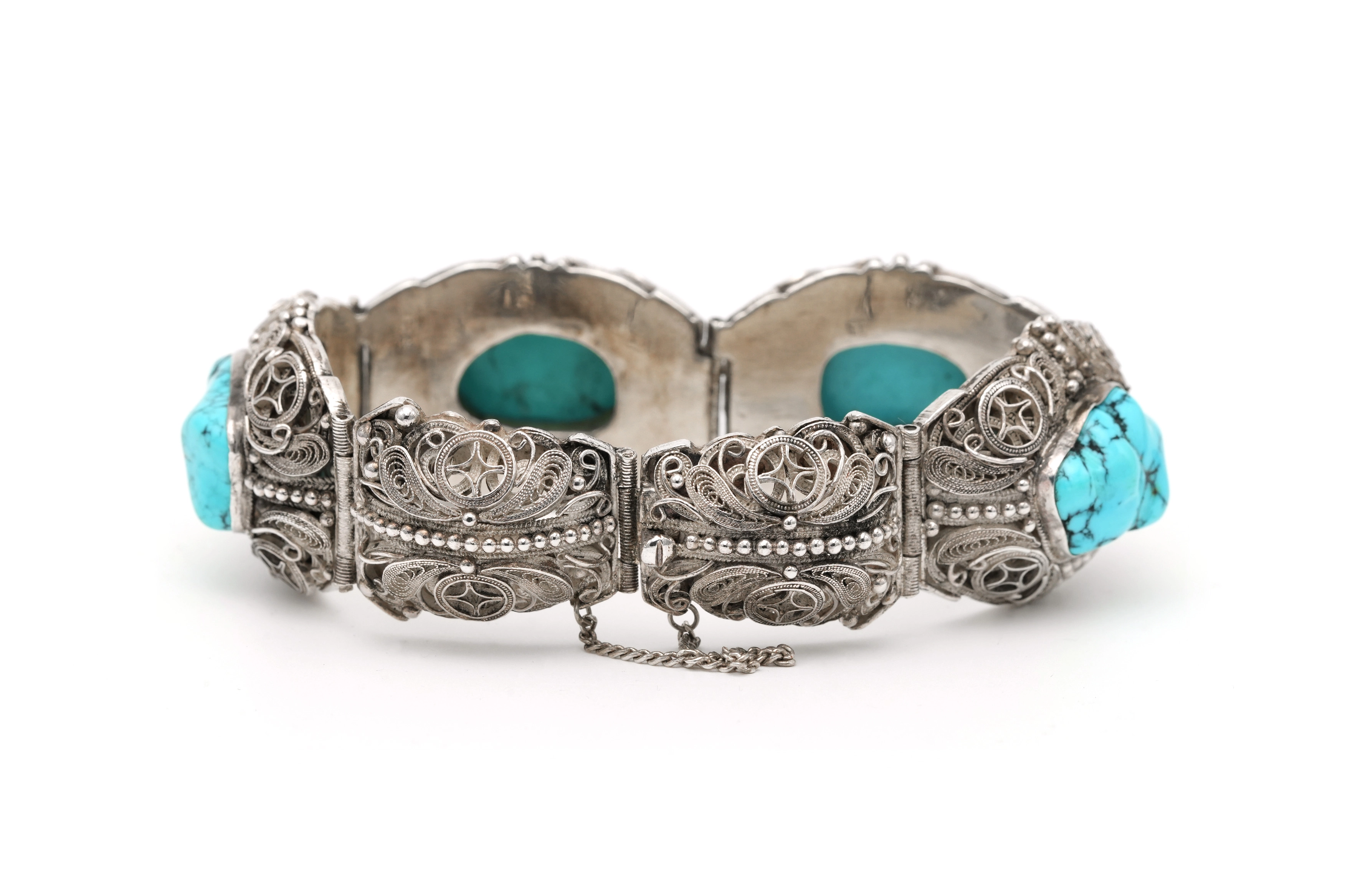 Bracelet Années 50 en argent 925 serti de turquoises