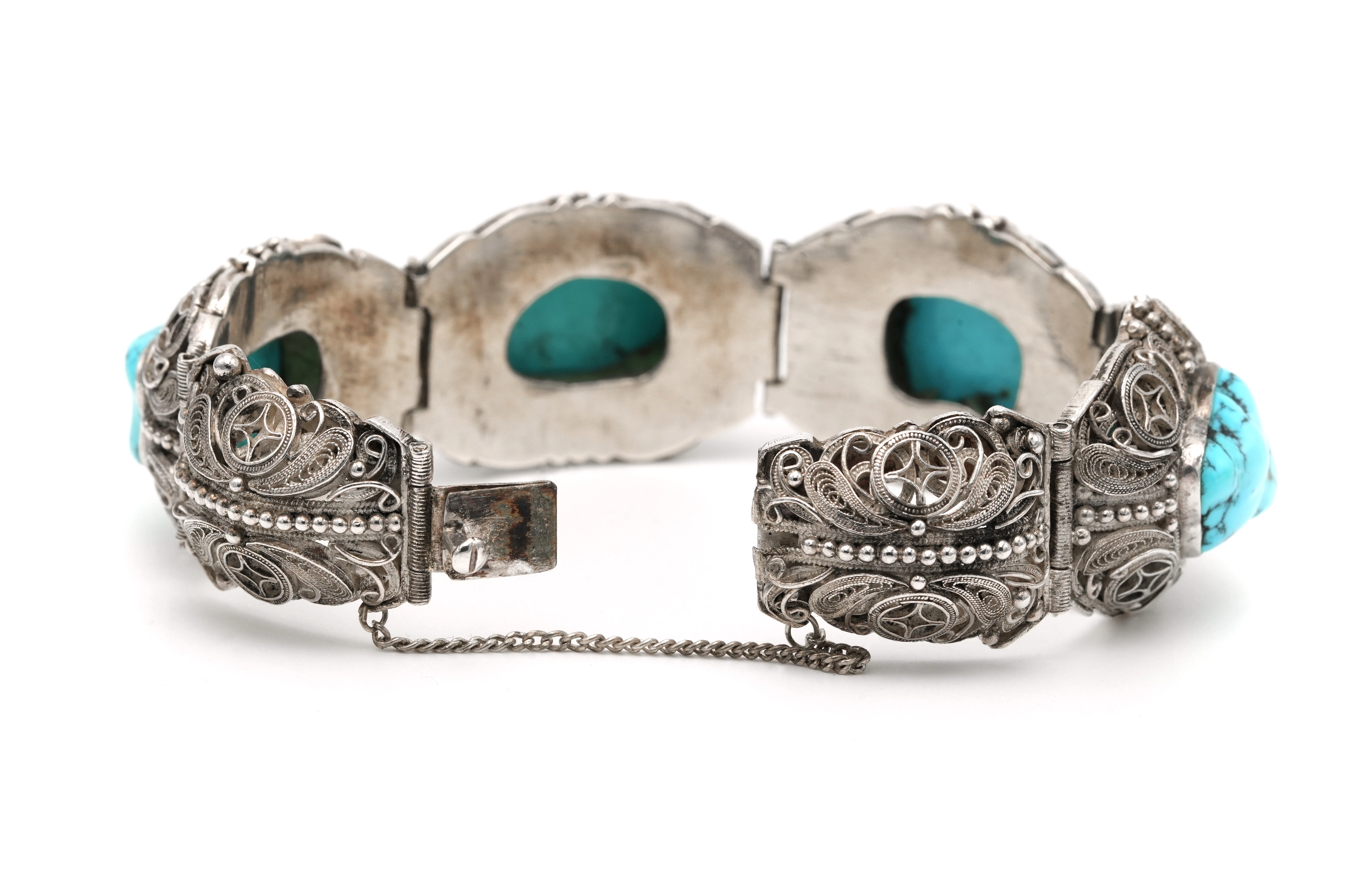 Bracelet Années 50 en argent 925 serti de turquoises