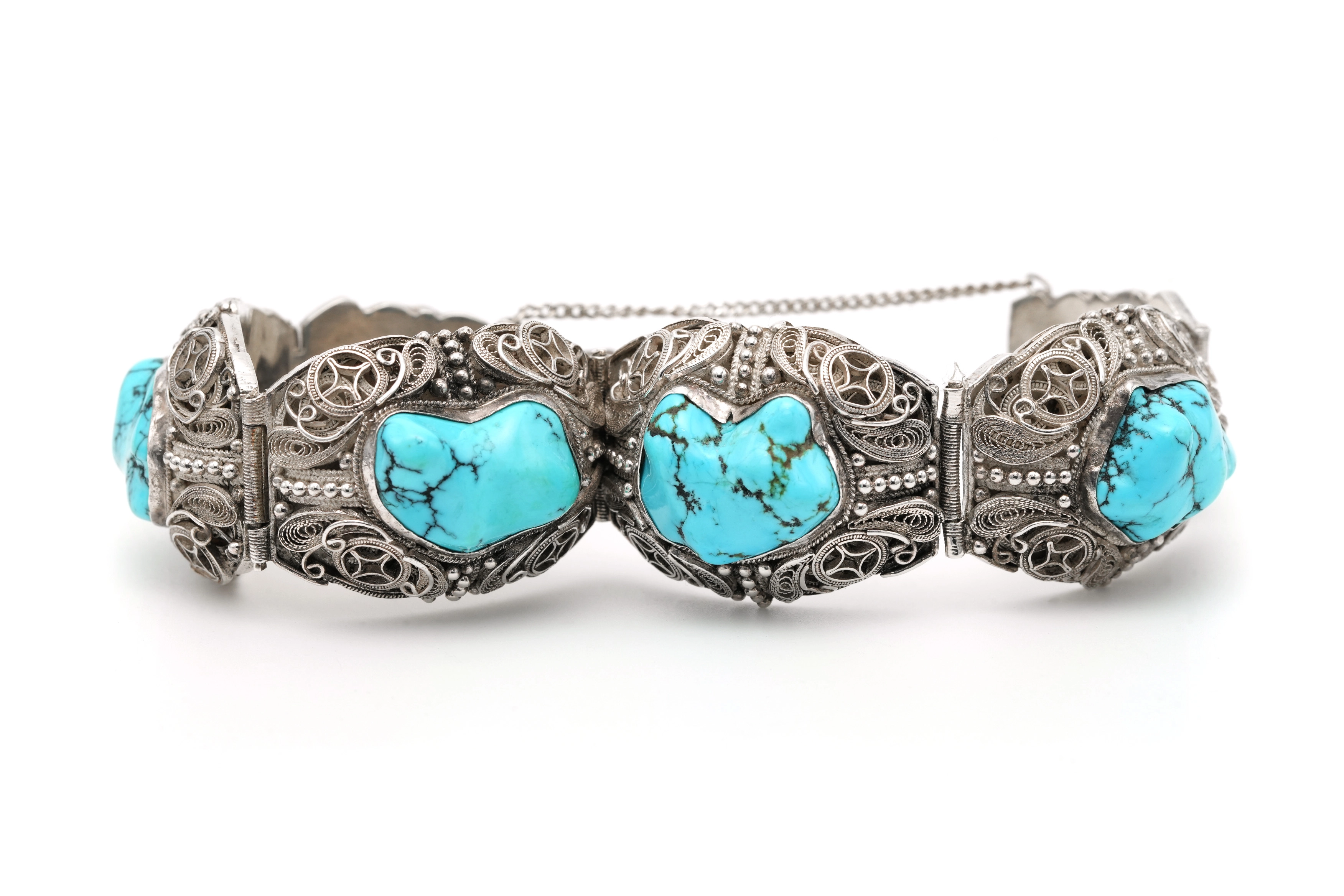 Bracelet Années 50 en argent 925 serti de turquoises