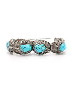 Bracelet Années 50 en argent 925 serti de turquoises