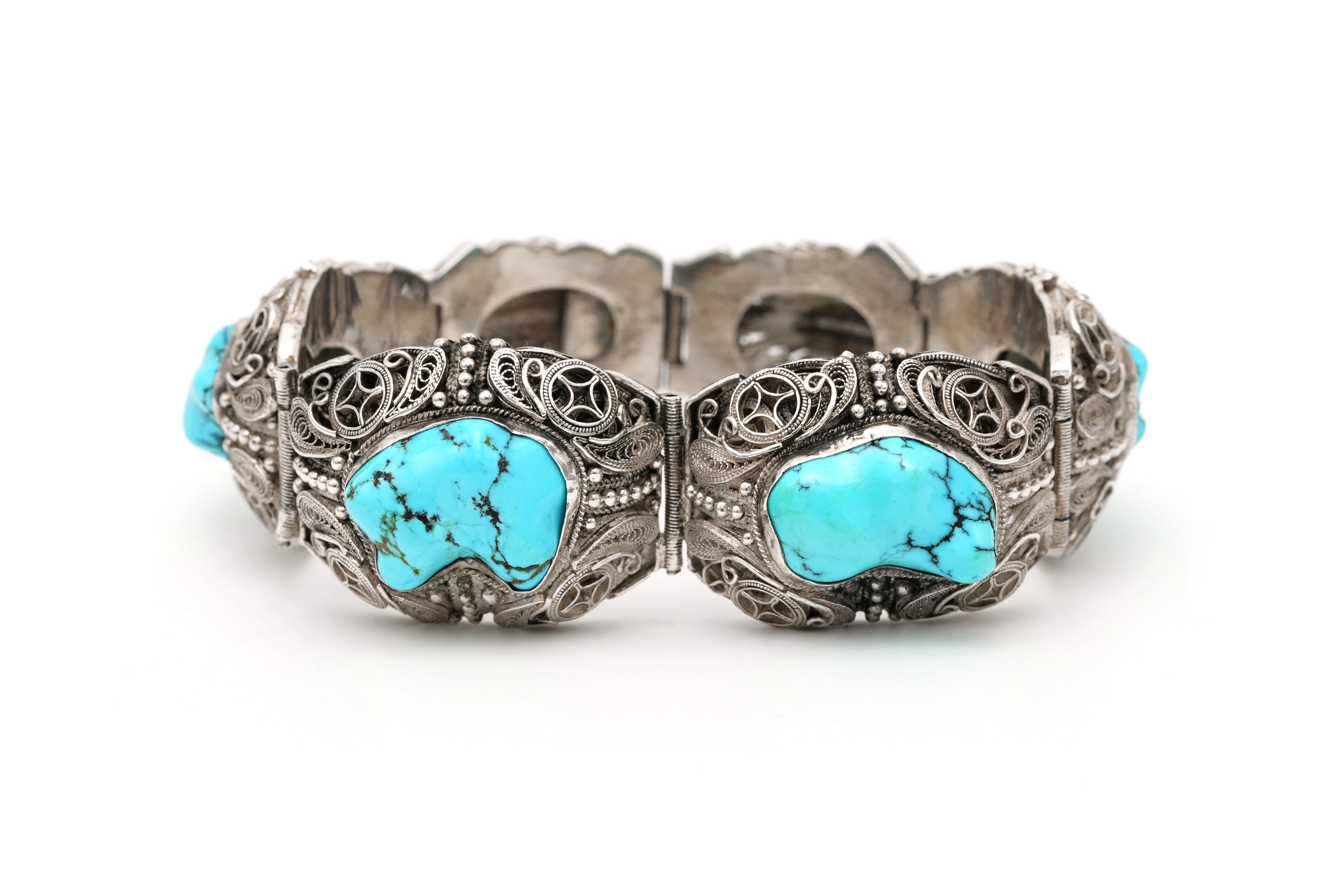 Bracelet Années 50 en argent 925 serti de turquoises
